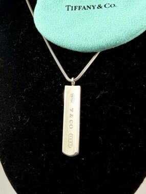 TIFFANY & CO. Sterling Silver 1837 Bar Pendant Snake Chain 18” Necklace; COA